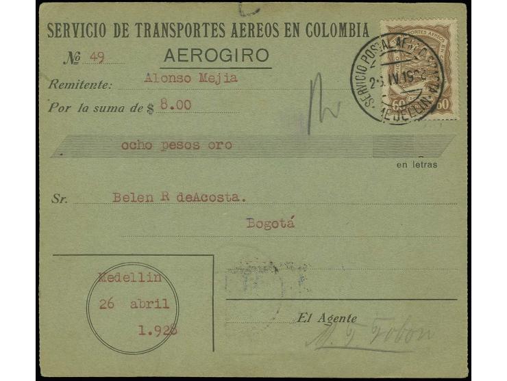 60 C. gelbbraun mit Flugpoststempel "MEDELLIN 26.4.1928" auf Postanweisung nach Bogota mit rückseitigem Ankunftsstempel und s