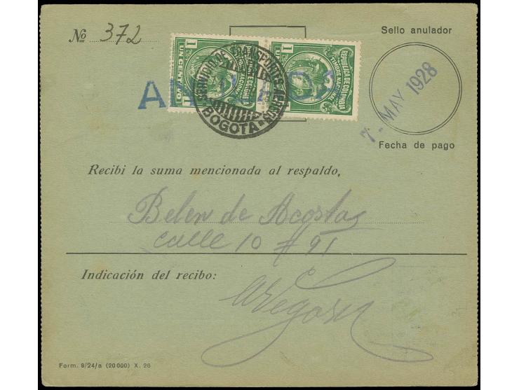 60 C. gelbbraun mit Flugpoststempel "MEDELLIN 26.4.1928" auf Postanweisung nach Bogota mit rückseitigem Ankunftsstempel und s