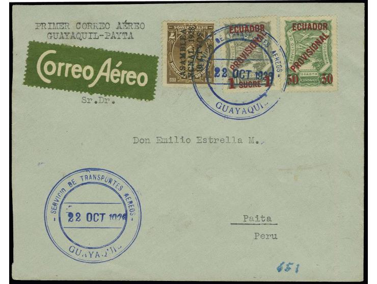 Ausgaben für Ecuador: 1928, 50 C. auf 10 C. blau und 1 S. auf 20 C. grau mit Aufdrucktype I auf Erstflugbrief von "GUAYAQUIL 