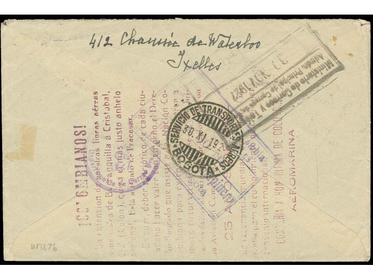BELGIEN: "B" auf 30 C. blau und Belgien Freimarke 1,75 Fr. mit Stempel "BRUXELLES 7.IX.27" auf Brief via Barranquilla nach Bo