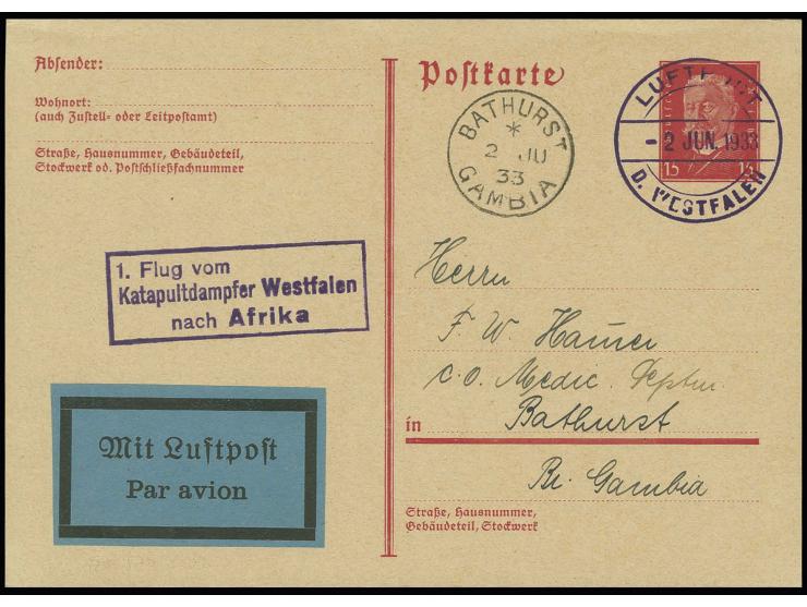 1933, Dampfer Westphalen - Bathurst 2.6., Versuchsflug, Deutsches Reich Ganzsachenkarte mit vorderseitigem Ankunftsstempel vo