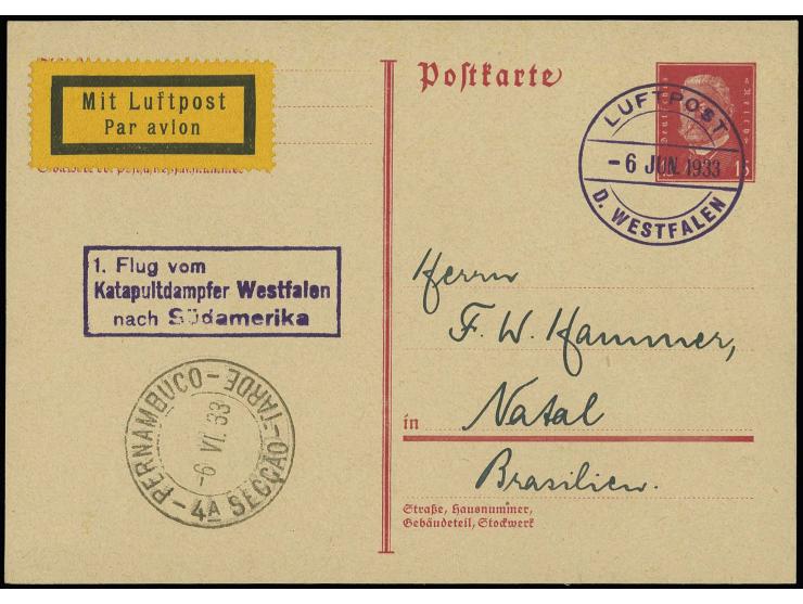 1933, Dampfer Westphalen - Natal 6.6., Versuchsflug, Deutsches Reich Ganzsachenkarte mit vorderseitigem Ankunftsstempel von P