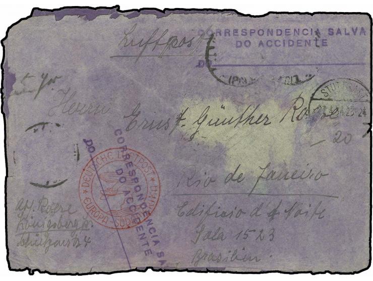 1933, Absturz des Dornier "Tapajoz" vor Rio de Janeiro, Brief mit entsprechendem Hinweisstempel und Bestätigungsstempel Stutt