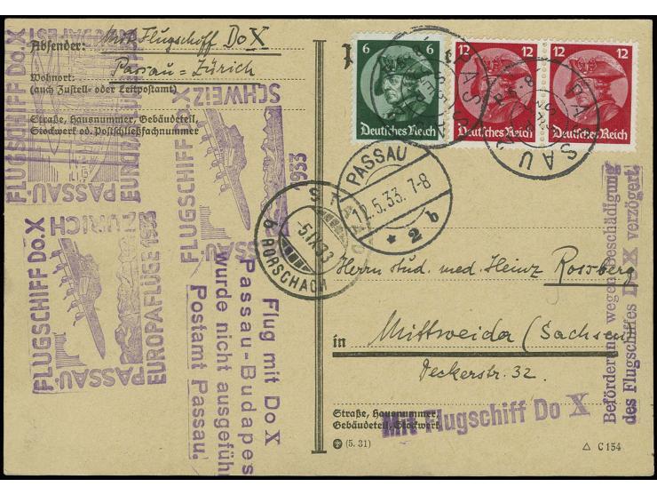 1933, Aufgabe Passau für den geplanten Europaflug nach Budapest, frankierte Karte vom 12.5.33 mit durchbalktem Sonderbestätig
