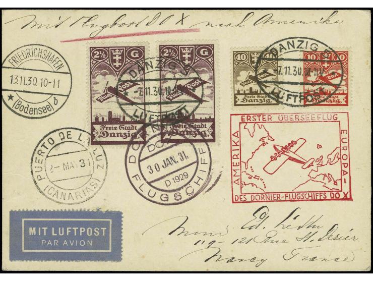 DANZIG: 1930, Amerikaflug mit Destination Azoren, Karte mit guter Frankatur von "DANZIG 5 LUFTPOST 7.11.30" via Friedrichshaf