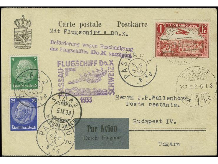 LUXEMBURG: 1933, frankierte Karte von "LUXEMBOUR 10.5.33" für den geplanten Budapest-Flug mit Verzögerungs-Stempel und Neuauf