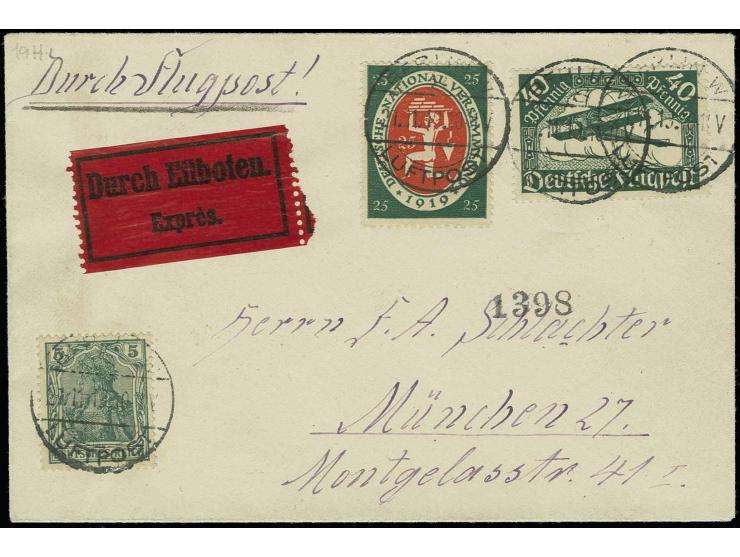1919, Brief von "BERLIN LUFTPOST 21.11.19" nach München mit Express-Aufkleber und Tabulatorstempel; die Beförderung durch LZ1