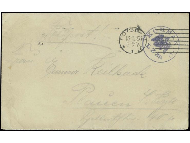 1915, "KOMMANDO LZ 39", blauer Briefstempel klar auf Feldpostbrief von "POTSDAM 13.11.15" mit rückseitigem hds. Absenderangab
