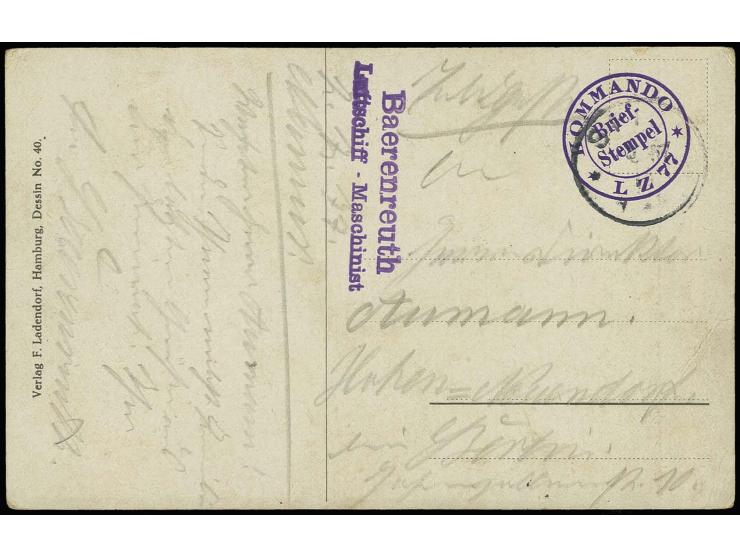 1915, "KOMMANDO LZ 77", violetter DKr. klar auf farbiger Portrait-Karte 'Graf Zeppelin' mit violettem Absender-L2 "Barenreuth