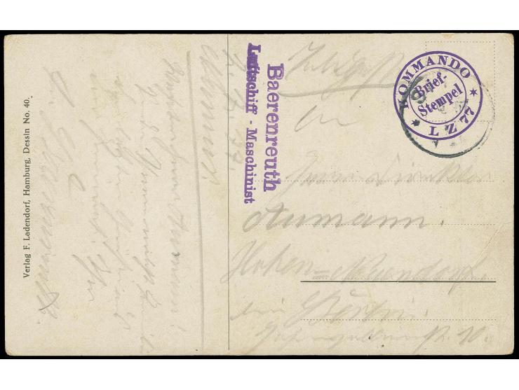 1915, "KOMMANDO LZ 77", violetter DKr. klar auf farbiger Portrait-Karte 'Graf Zeppelin' mit violettem Absender-L2 "Barenreuth