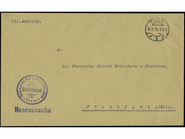 1916, "Kommando des Luftschiffhafens Trier", violetter Briefstempel vorder- und rückseitig auf Heeressachen-Brief von "TRIER 
