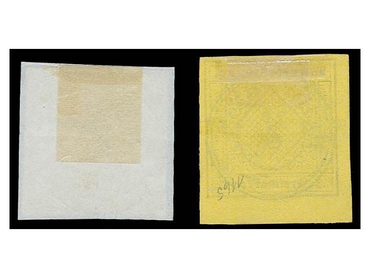 3 Kr. auf dunkelgelb, allseits breit- bis überrandig mit Teil der linken Nachbarmarke und unten ca. 5 mm Bogenrand, zentrisch