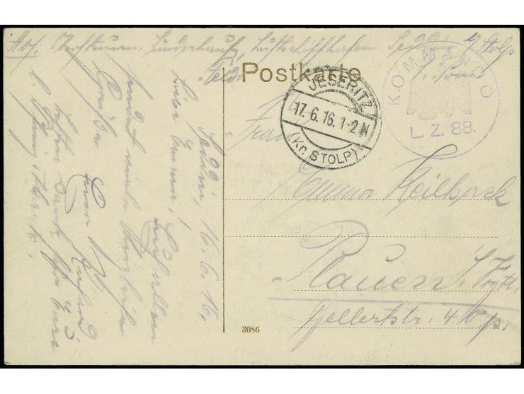1916, "Kommando L.Z.88", violetter Briefstempel klar auf Feldpost-Ansichtskarte mit hds. Absendervermerk "...Luftschiffhafen 