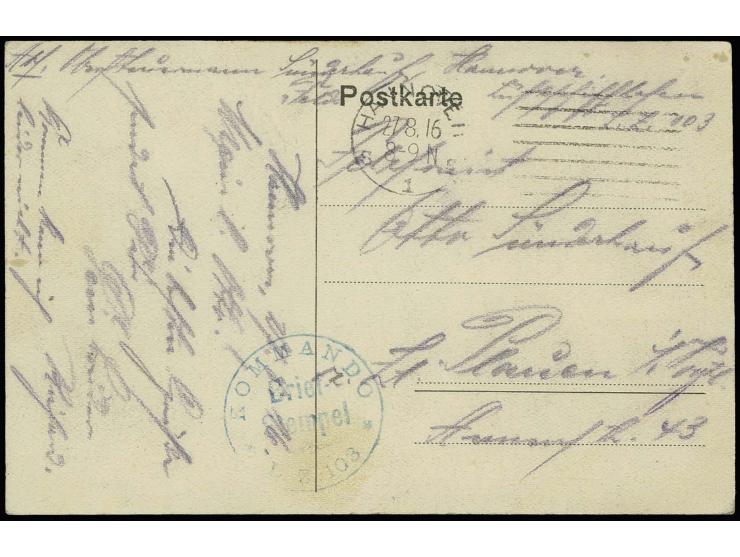 1916, "KOMMANDO L.Z. 103", grüner Briefstempel klar auf Ansichts-Postkarte von "HANNOVER 27.8.16" mit hds. Absenderangabe "Ha