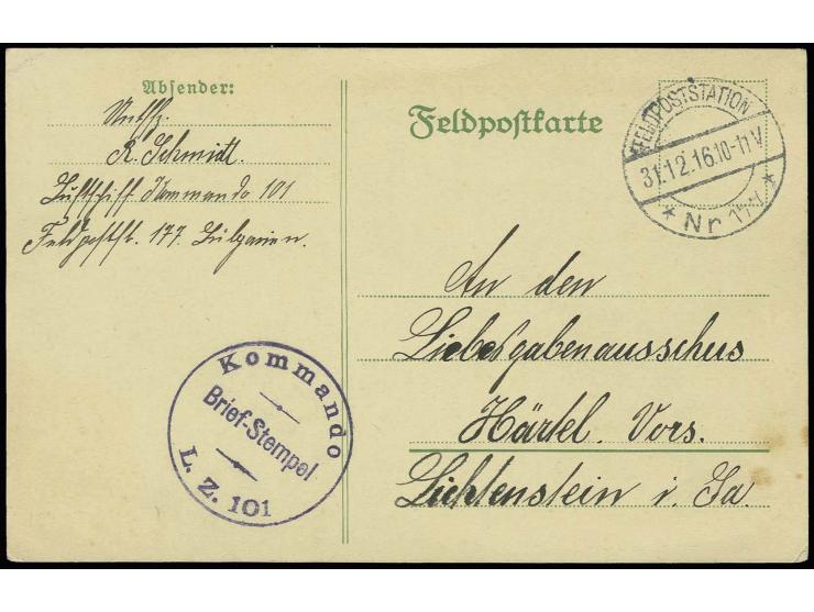 1916, "Kommando L.Z. 101", violetter Briefstempel klar auf Feldpostkarte mit Stempel "FELDPOSTATION Nr. 177 31.12.16" (Jambol