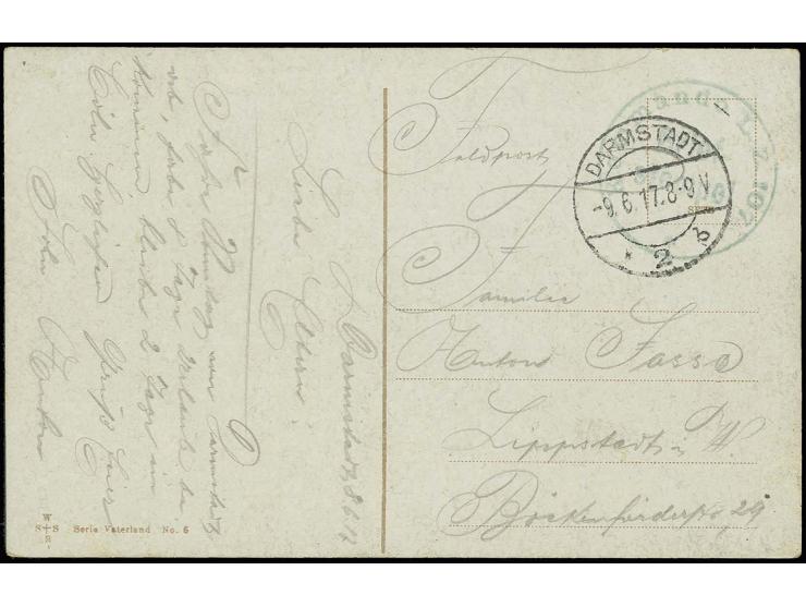 1917, "Kommando LZ. 107", grüner Briefstempel klar auf Feldpost-Ansichtskarte von "DARMSTADT 9.6.17" nach Lippstadt, kurz vor