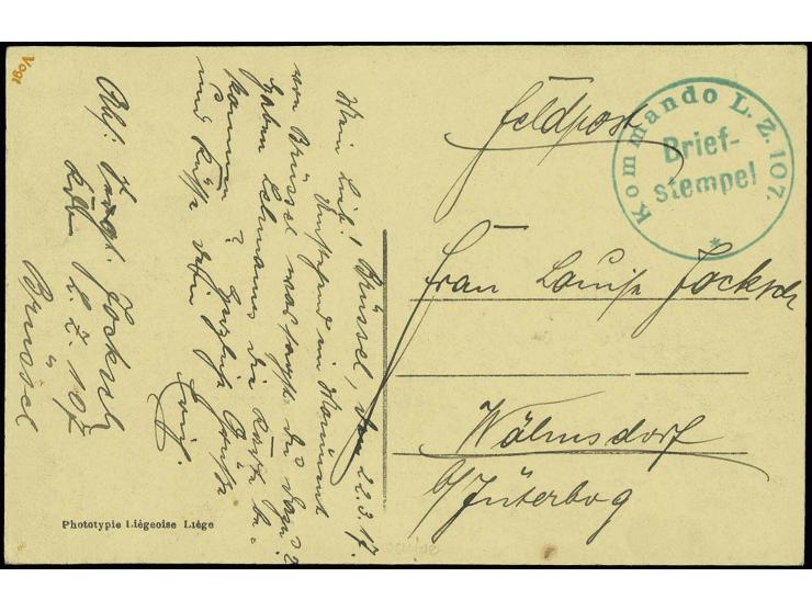 "Kommando L.Z.107", sauberer Briefstempel auf Karte aus Brüssel vom 22.3.1917 nach Jüteborg, dazu Foto des Luftschiffs