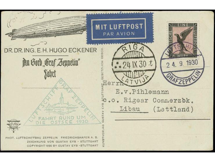 Ostseefahrt 1930, Abwurf Riga, Flugpost 1 M. auf Bordpostkarte