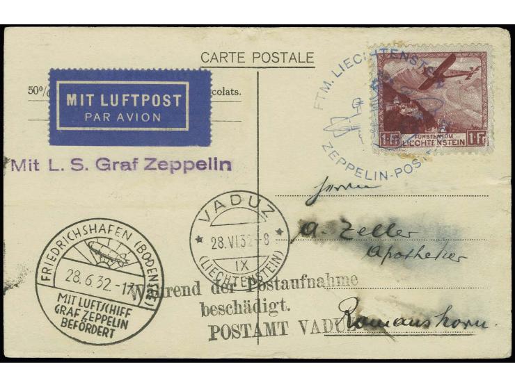 1932, Schweizfahrt (250.Fahrt), Liechtensteinische Post, Karte mit Beschädigungsstempel "Während der Postaufnahme beschädigt.