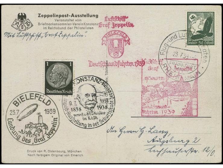 1939, Sonderkarte der Zeppelinpost-Ausstellung mit Bestätigungsstempeln der Görlitz- und Bielefeldfahrt sowie Sonderstempel d