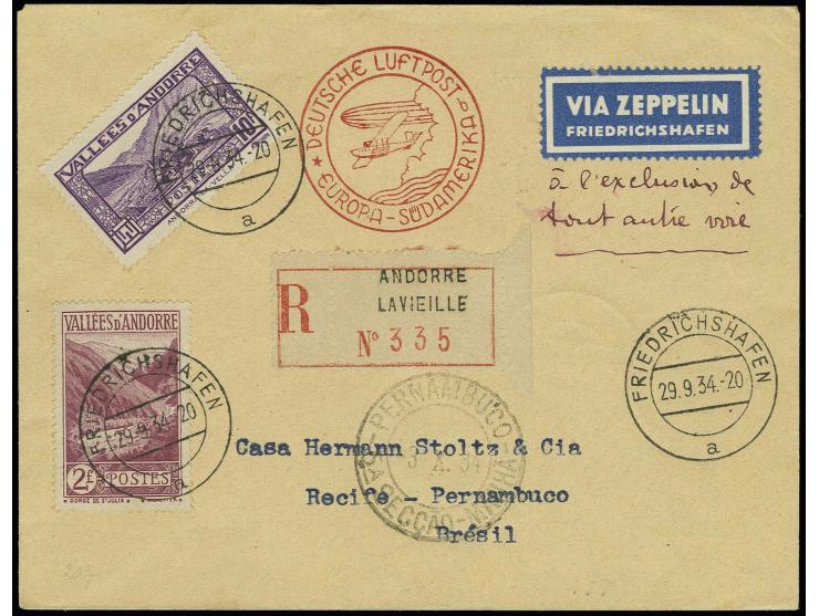 ANDORRA: 1934, 9. SAF, R-Brief mit R-Zettel "Andorre La Vieille" via Stuttgart und Friedrichshafen nach Pernambuco mit Ankunf