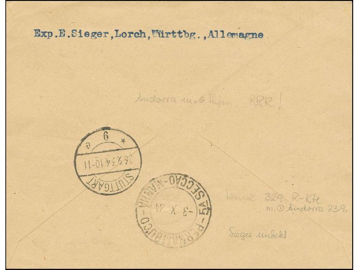 ANDORRA: 1934, 9. SAF, R-Brief mit R-Zettel "Andorre La Vieille" via Stuttgart und Friedrichshafen nach Pernambuco mit Ankunf
