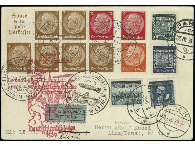 BÖHMEN UND MÄHREN: 1939, Kassel-Fahrt, Karte mit 4 Aufdruckwerten von Prag 28.7.39, Zufrankatur Dt. Reich Hindenburg-Zusammen