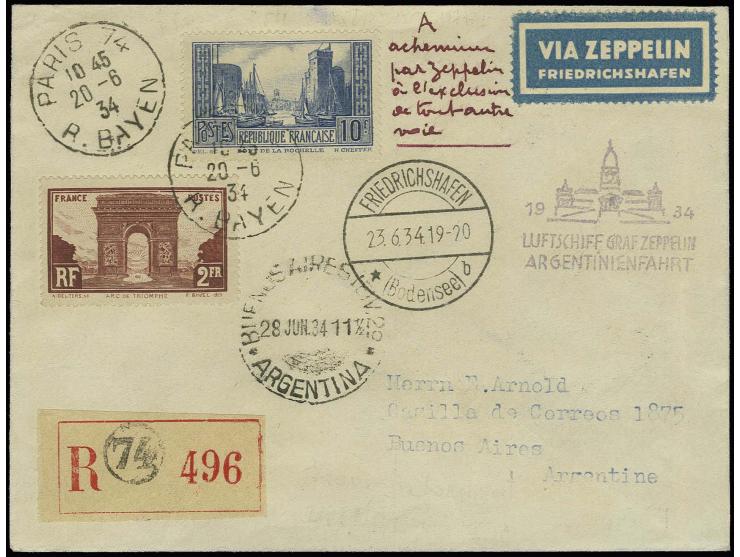 FRANKREICH: 1934, Argentinienfahrt, R-Brief mit hoher Frankatur via Friedrichshafen