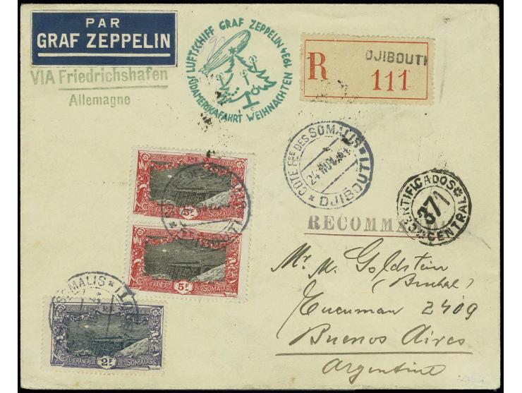FRANZ.SOMALILAND: 1934, 12. Südamerkafahrt (Weihnachtsfahrt), R-Brief von "DJUBOUTI 24.NOV.34" über Stuttgart mit Sonderbestä