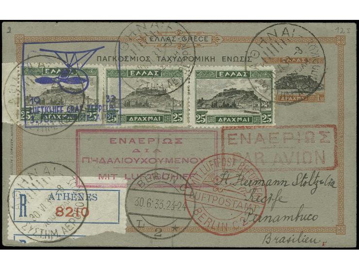 GRIECHENLAND: 1933, 3. SAF. mit Anschlußflug Berlin, R-Ganzsachenkarte mit Zufrankatur von "ATHEN 30.VI.33" nach Recife mit A