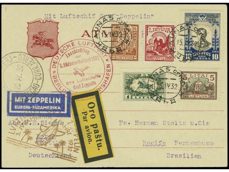 LITAUEN: 1932, 3. Südamerikafahrt, Karte mit Anschlussflug Berlin nach Pernambuco, Kabinett