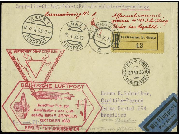 ÖSTERREICH: 1933, Chicagofahrt, R-Brief mit hds. Barfrankierung "....percu 4.40 Schilling Porto bar bezahlt" von "LIEBENAU b.