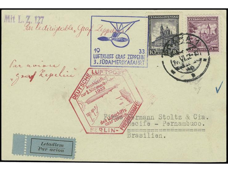 TSCHECHOSLOWAKEI: 1933, 3. SAF. mit Anschlußflug Berlin, Karte von "PRAG 27.VI.33" nach Recife mit Ankunftsstempel, Kabinett