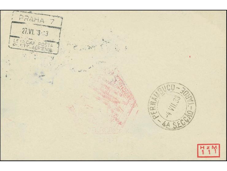 TSCHECHOSLOWAKEI: 1933, 3. SAF. mit Anschlußflug Berlin, Karte von "PRAG 27.VI.33" nach Recife mit Ankunftsstempel, Kabinett