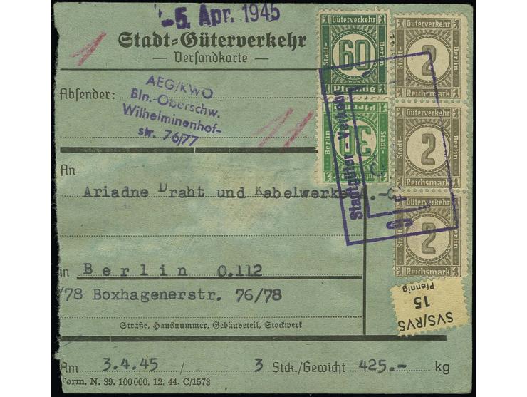 BERLIN - Stadt-Güter-Verkehr: 1944 2 M. graugrün im senkrechten Paar, 60 Pfg. dunkelgrün, 30 Pfg. grün und Versicherungsmarke