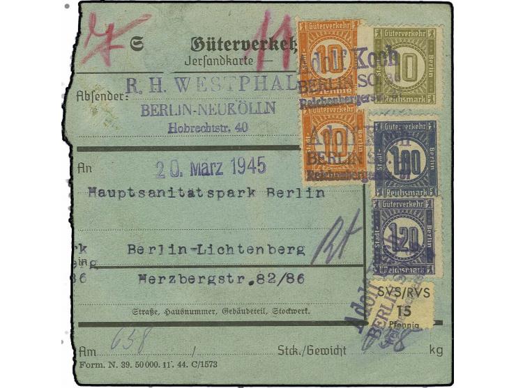 BERLIN - Stadt-Güter-Verkehr: 1944, 10 M. olivgrau mit ungezähntem linken Rand, 1,80 M. graublau, 1,20 M. violett, 10 Pfg. or