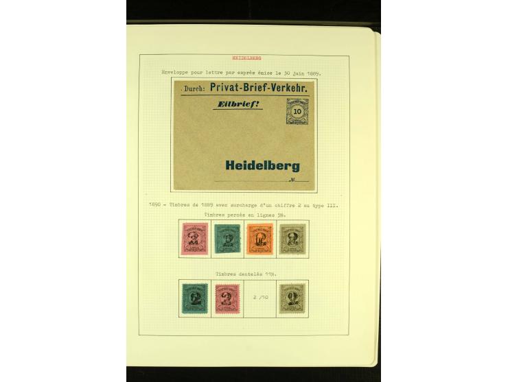  HEIDELBERG 1886/98, umfangreiche ungebrauchte und gestempelte Sammlung mit Briefen und Ganzsachen sowie einem Aufdruckprobe-