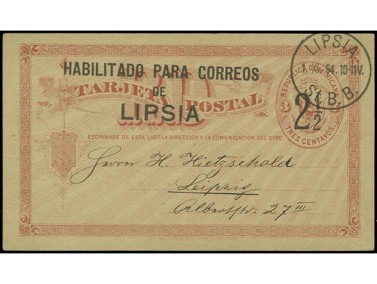 1894, "2½ HABILITADO PARA CORREOS DE LIPSIA" schwarzer Aufdruck auf Dominikanische Republik Ganzsachenkarte 3 c. rot, sauber 