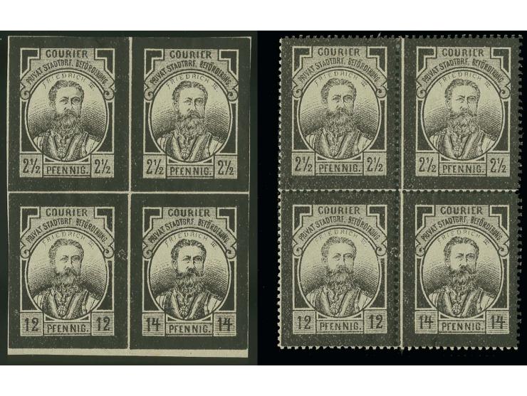 MADGEBURG COURIER 1888, Trauermarke 2½-14 Pfg., im gezähnten bzw. ungezähnten Zusammendruck-Viererblock, sauber ungebraucht, 