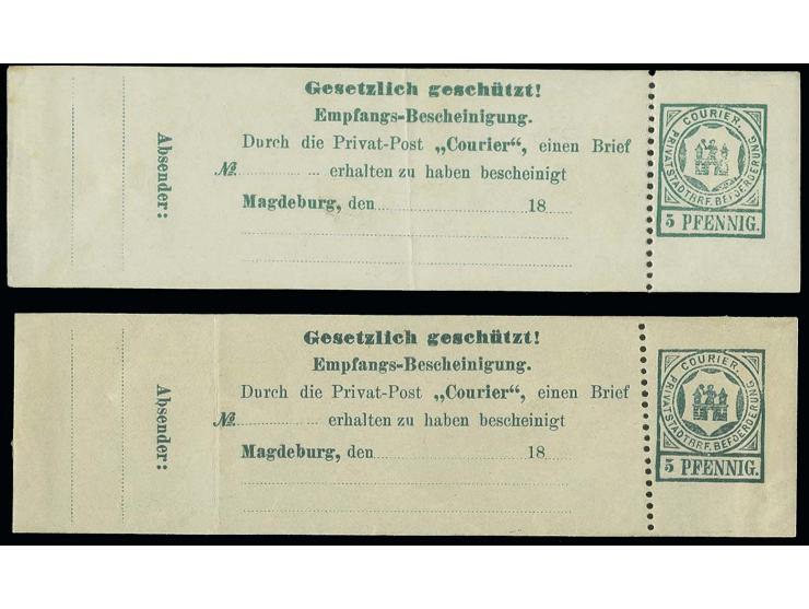 1899, Marke für Empfangbescheinigung 5 Pfg. dunkel- bzw. smaragdgrün, ungebraucht ohne Gummi, senkrecht je einmal gefaltet