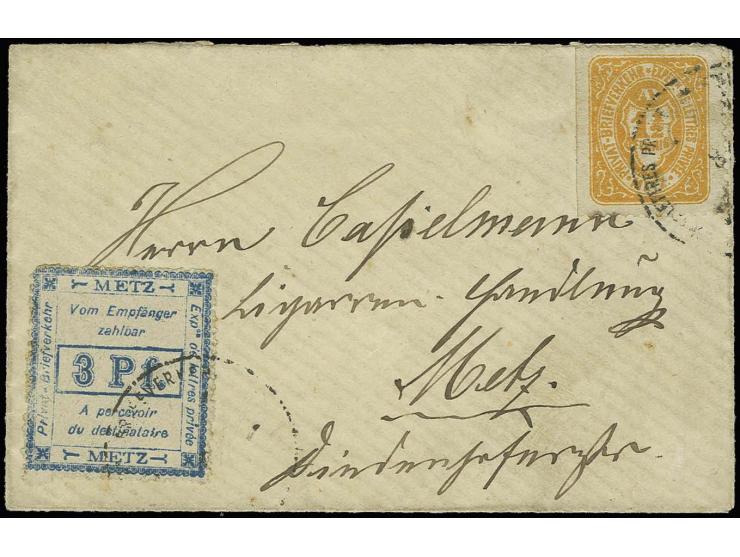 1887, Schild mit Wertangabe 1½ Pfg. orange und Nachportomarke 3 Pfg. blau auf kleinem Brief, selten, gute Erhaltung
