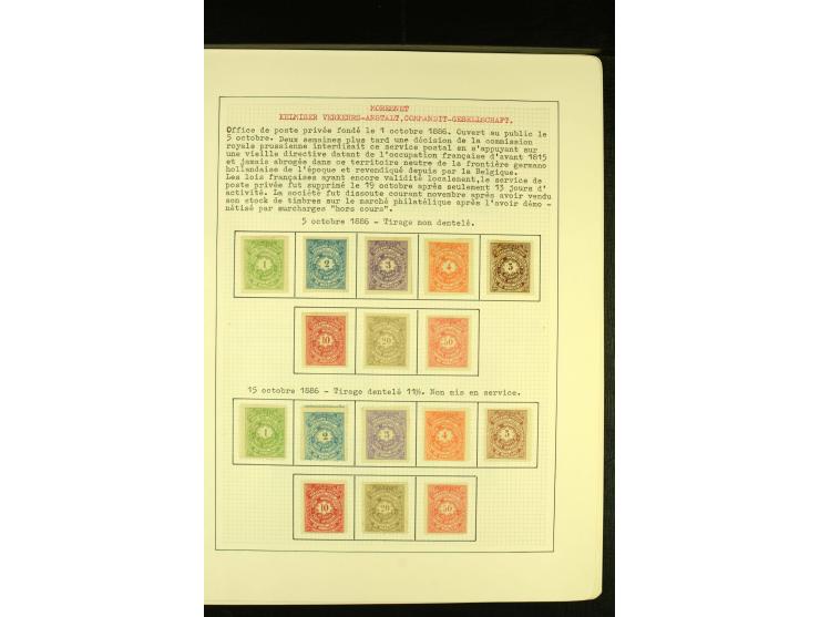 MORESNET 1886, ungebrauchte und gestempelte Sammlung mit Probedrucken, Phantasieausgaben, Farbnuancen sowie 2 Karten, gute Er