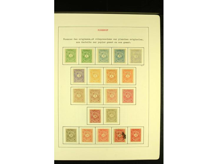 MORESNET 1886, ungebrauchte und gestempelte Sammlung mit Probedrucken, Phantasieausgaben, Farbnuancen sowie 2 Karten, gute Er