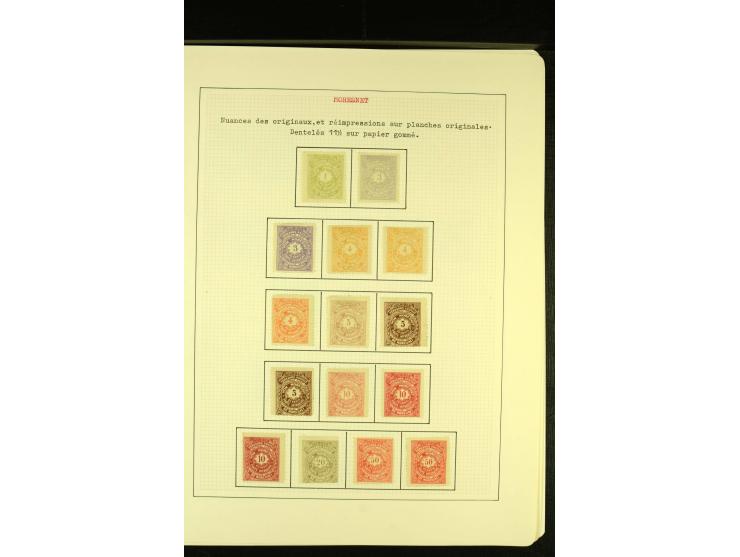 MORESNET 1886, ungebrauchte und gestempelte Sammlung mit Probedrucken, Phantasieausgaben, Farbnuancen sowie 2 Karten, gute Er