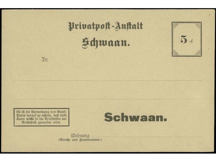 SCHWAAN 1899, Ganzsachenkarte 5 Pfg., ungebraucht, rückseitig drei kleine Haftstellen, sonst tadellos
