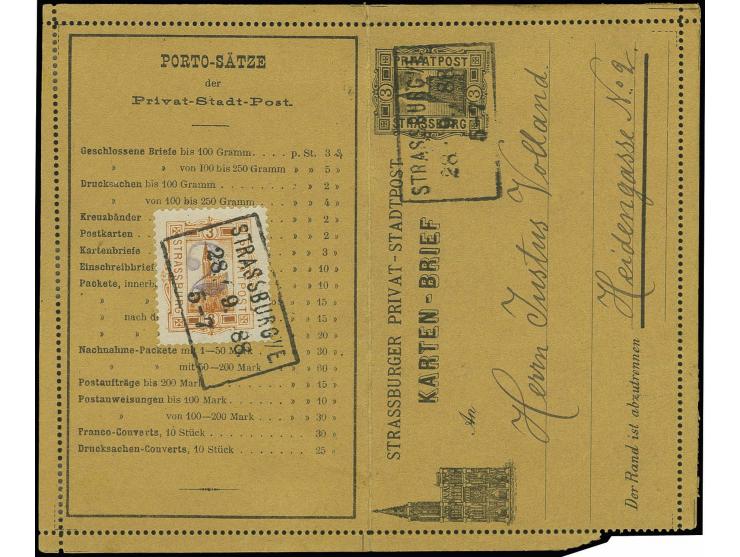 1888, Aufdruckausgabe 2 auf 3 Pfg. orange mit Ra3 "STRASSBURG i/E 28./ . 88 5-7" rückseitig als Zufrankatur auf Kartenbrief 3