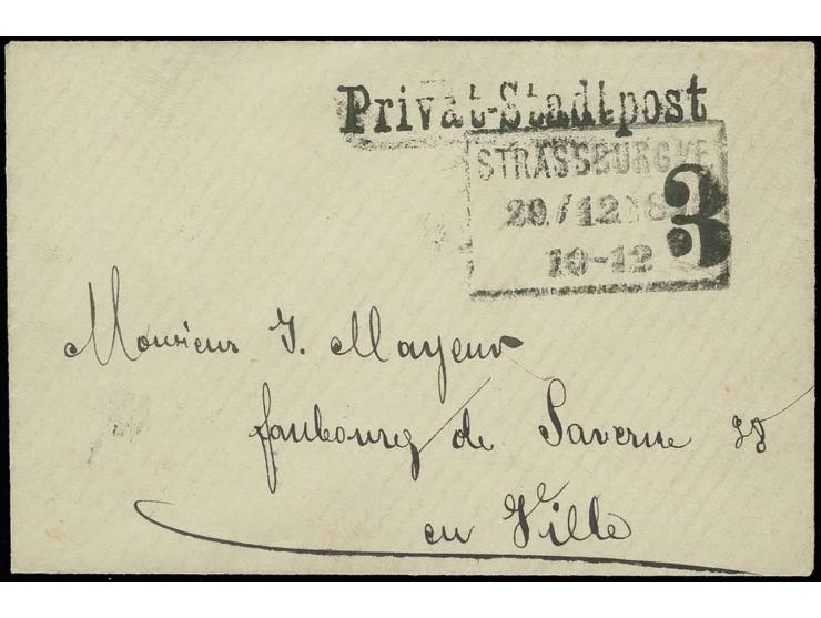 "Privat-Stadtpost", schwarzer L1  mit nebengesetzter Wertziffer "3" auf kleinem Brief mit Stempel "STRASSBURG 20./12", gute E