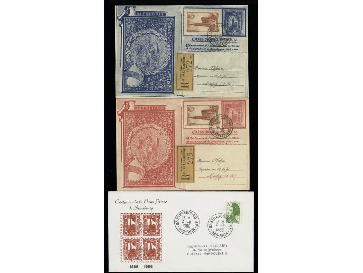 1939, zwei eingeschriebene Erinnerungsganzsachen "Straßburger Münster" zu 2 bzw. 3 Pfg. mit Zufrankatur, dazu ein modernerer 
