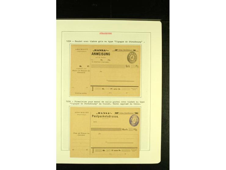 Storch 10 Pfg., interessante Partie von zwei ungebrauchten und drei gebrauchten Formularen, 4 verschieden farbige Handstempel
