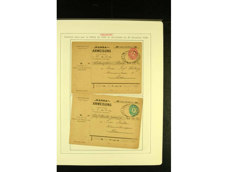 Storch 10 Pfg., interessante Partie von zwei ungebrauchten und drei gebrauchten Formularen, 4 verschieden farbige Handstempel
